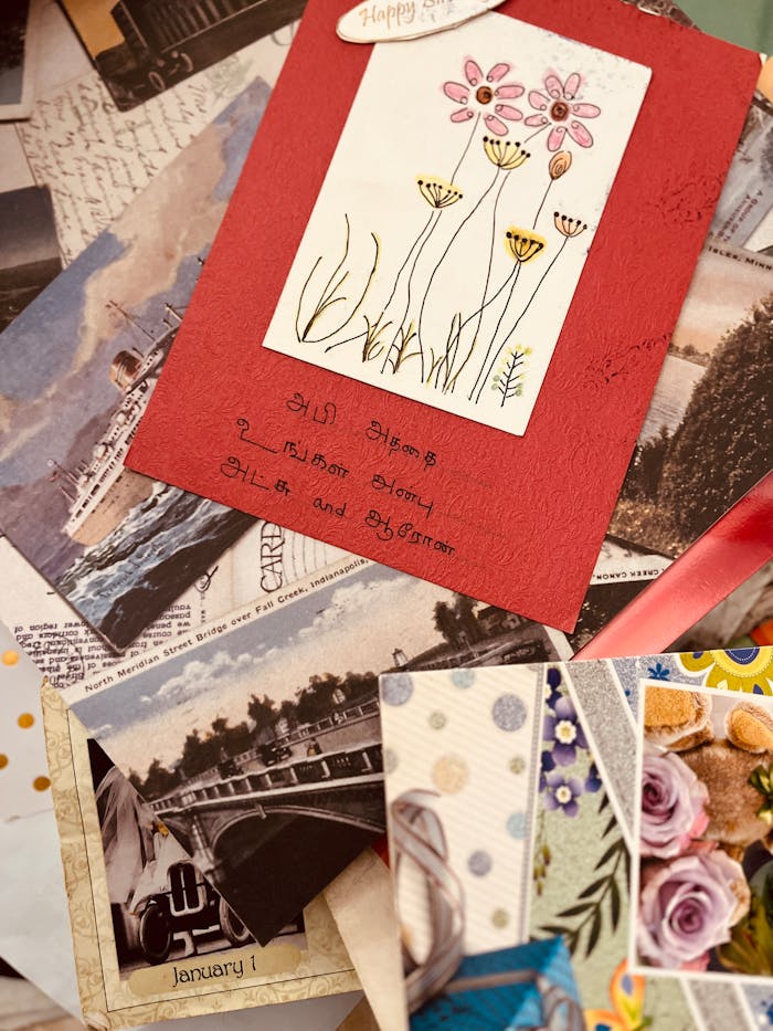 Colorful greeting card collage featuring floral artwork and handwritten text.